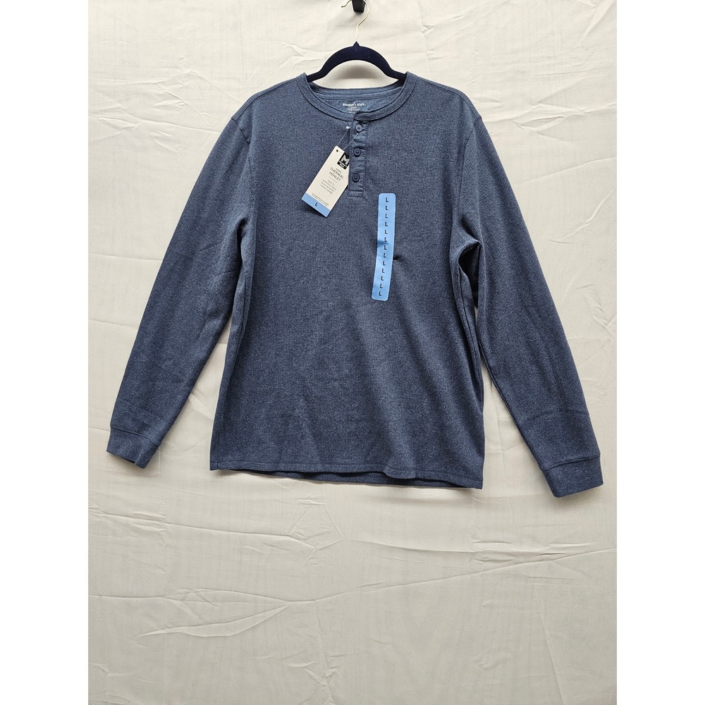Members Mark Mens Thermal Henley Shirt Blue Waffle Knit‎ Long Sleeve L